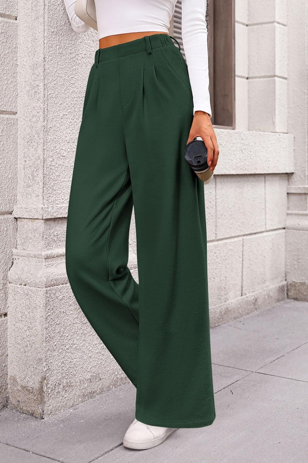 imagePRETTYGARDEN Womens Dress Pants Dressy Casual Palazzo High Elastic Waisted Wide Leg Work Office Trousers PantsDark Green