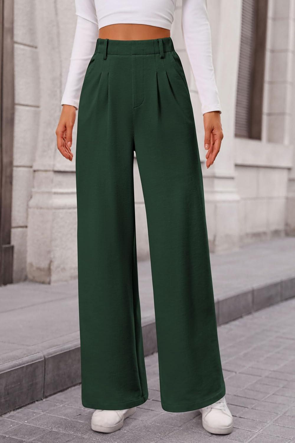 imagePRETTYGARDEN Womens Dress Pants Dressy Casual Palazzo High Elastic Waisted Wide Leg Work Office Trousers PantsDark Green