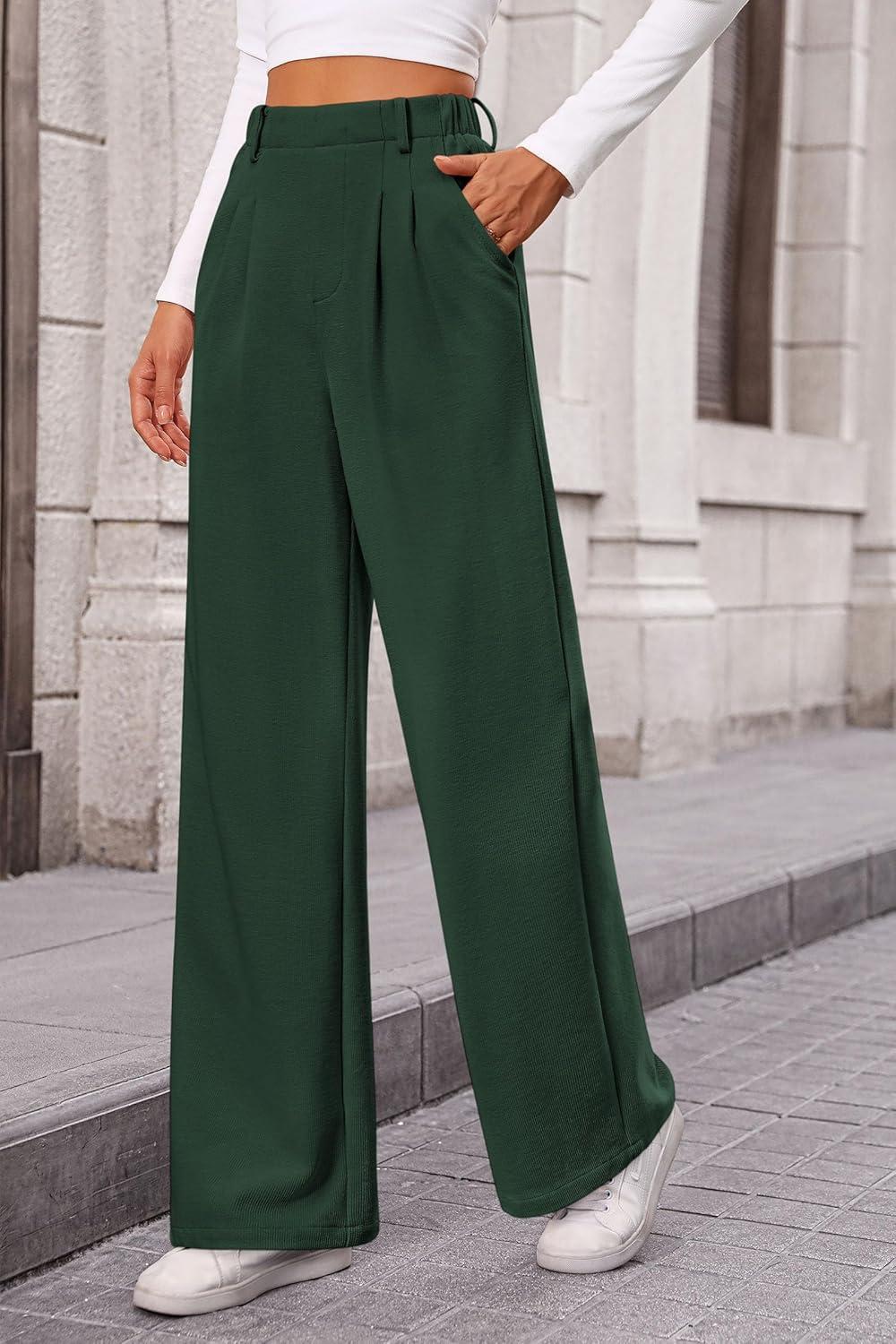 imagePRETTYGARDEN Womens Dress Pants Dressy Casual Palazzo High Elastic Waisted Wide Leg Work Office Trousers PantsDark Green
