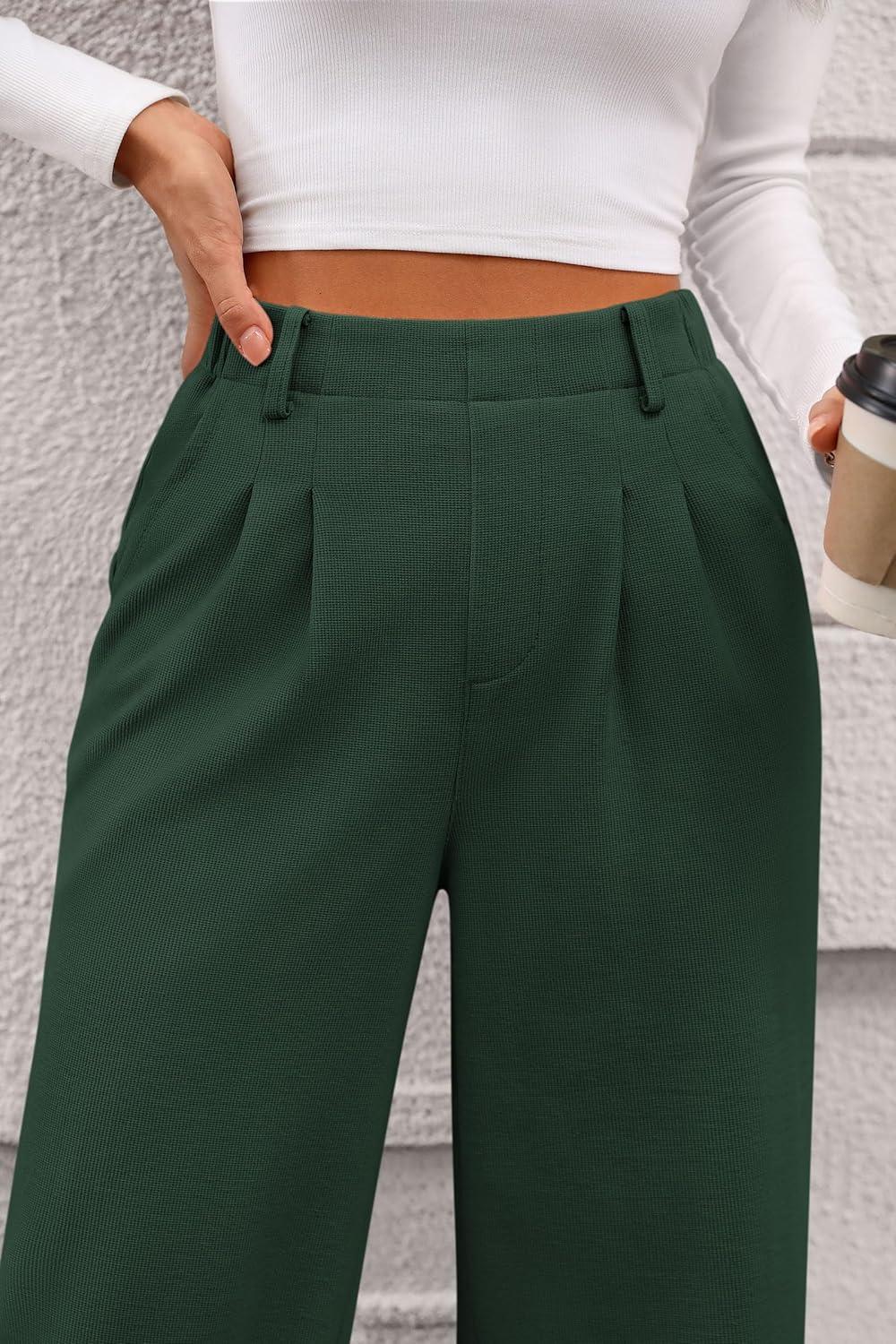 imagePRETTYGARDEN Womens Dress Pants Dressy Casual Palazzo High Elastic Waisted Wide Leg Work Office Trousers PantsDark Green