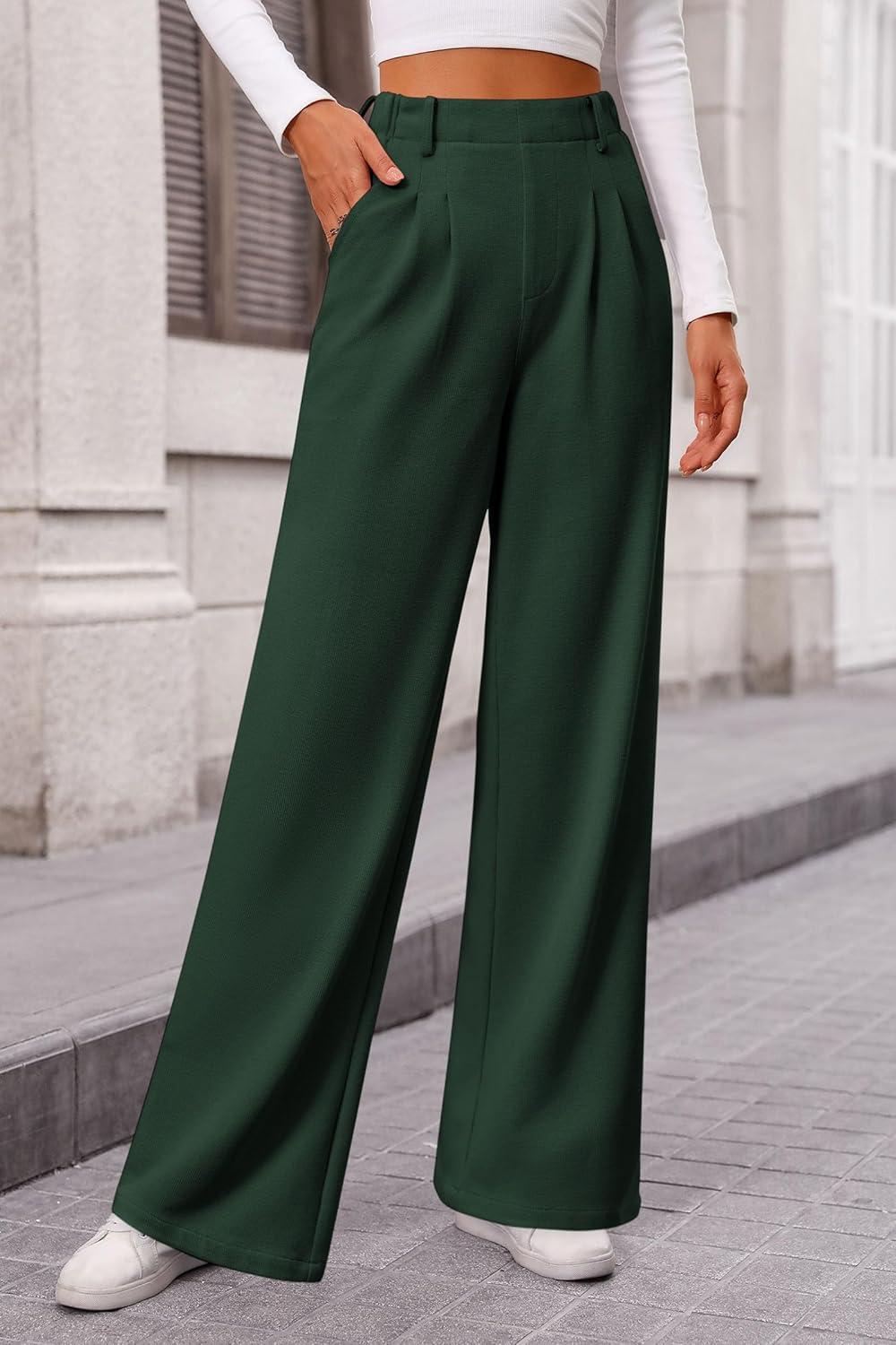 imagePRETTYGARDEN Womens Dress Pants Dressy Casual Palazzo High Elastic Waisted Wide Leg Work Office Trousers PantsDark Green