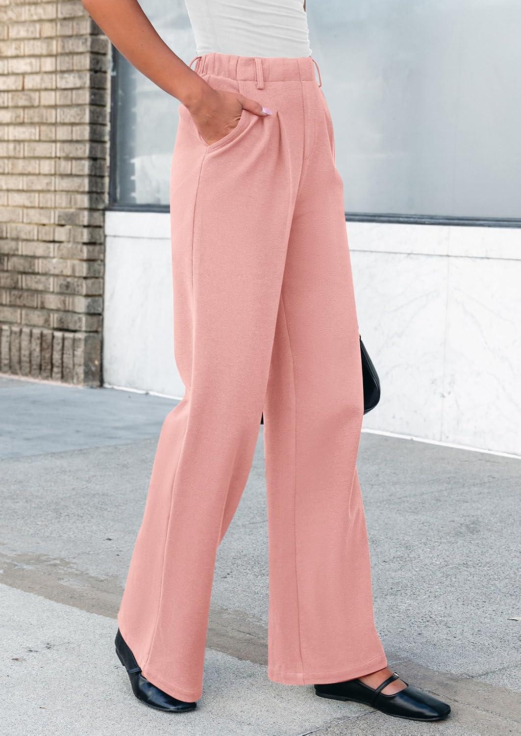 imagePRETTYGARDEN Womens Dress Pants Dressy Casual Palazzo High Elastic Waisted Wide Leg Work Office Trousers PantsPink