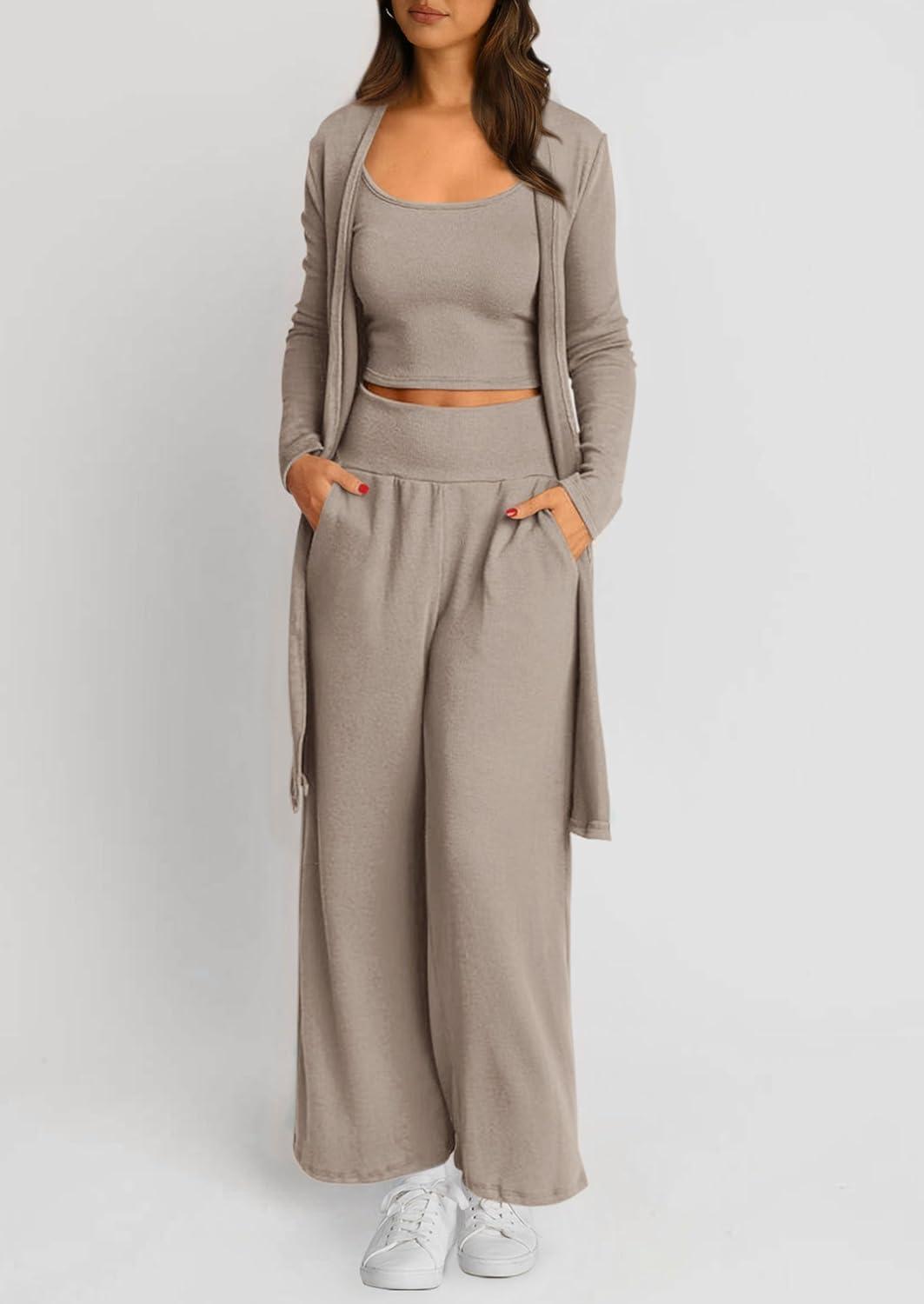 imagePRETTYGARDEN Womens Fall 3 Piece Pajamas Lounge Sets Ribbed Knit Spring Travel Vacation Outfits Cardigan Tank Tops Pants