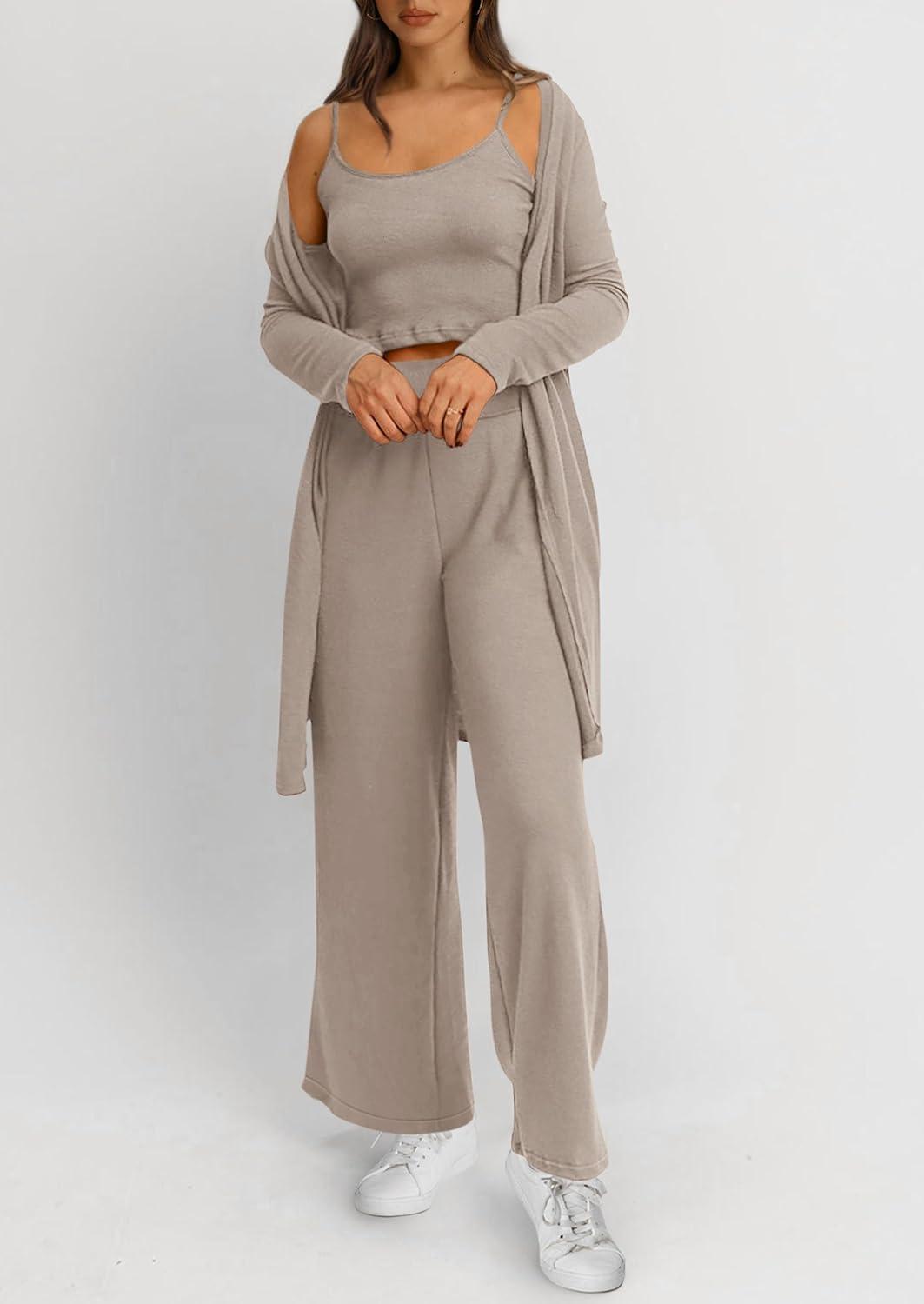 imagePRETTYGARDEN Womens Fall 3 Piece Pajamas Lounge Sets Ribbed Knit Spring Travel Vacation Outfits Cardigan Tank Tops Pants
