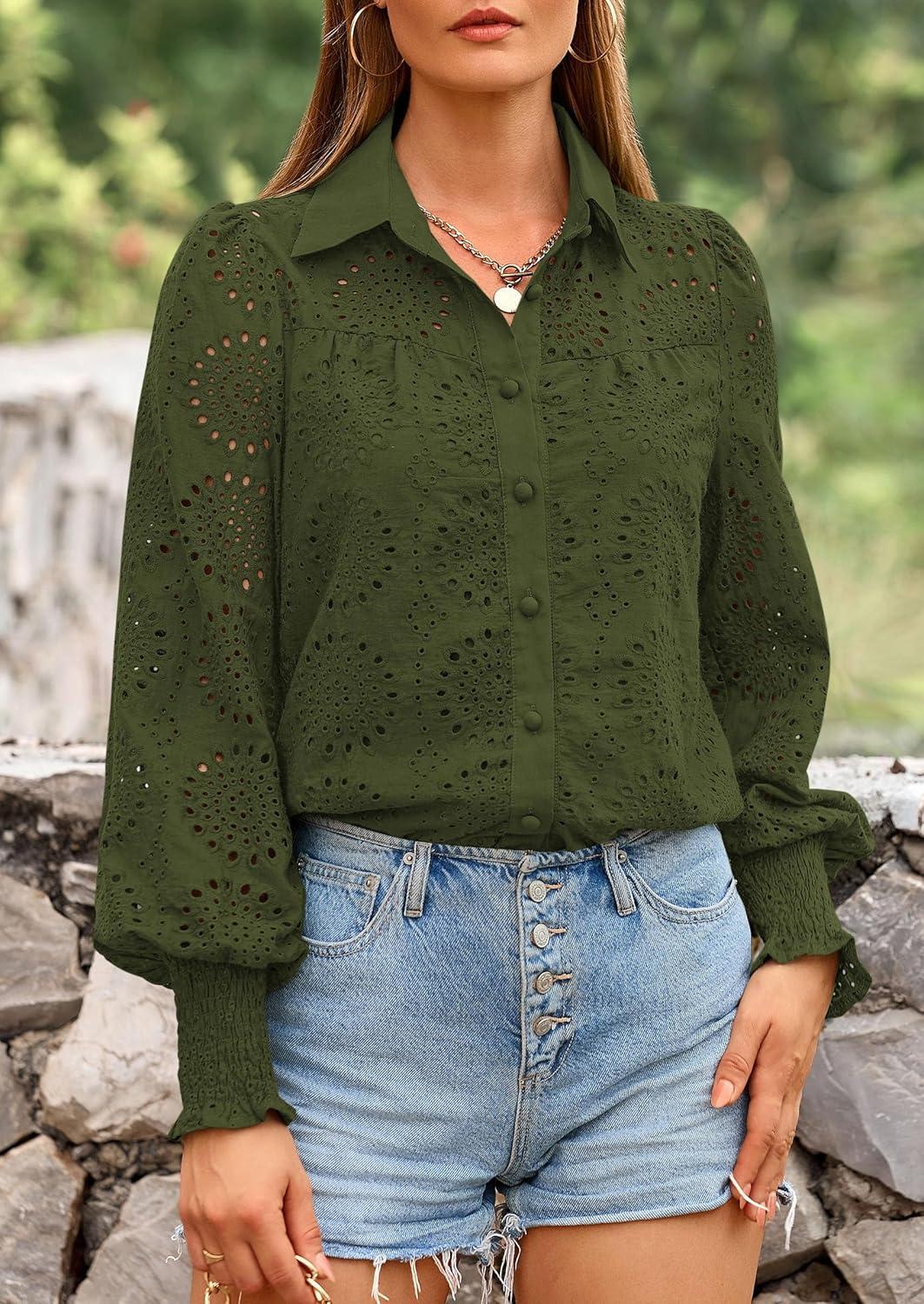 imagePRETTYGARDEN Womens Fall Button Down Shirts Dressy Casual Spring Long Puff Sleeve Eyelet Loose Fit Collared Blouse TopArmy Green