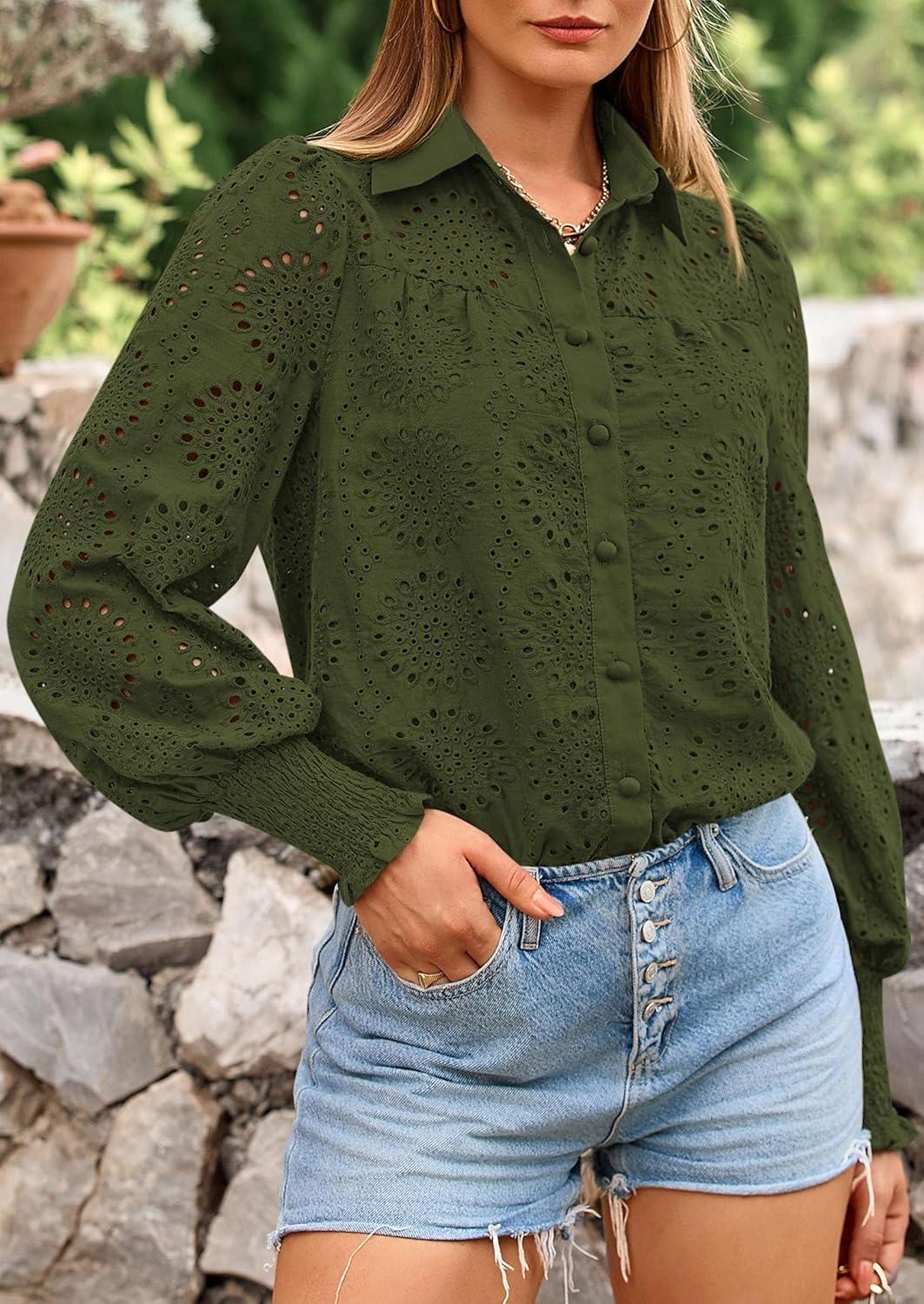 imagePRETTYGARDEN Womens Fall Button Down Shirts Dressy Casual Spring Long Puff Sleeve Eyelet Loose Fit Collared Blouse TopArmy Green