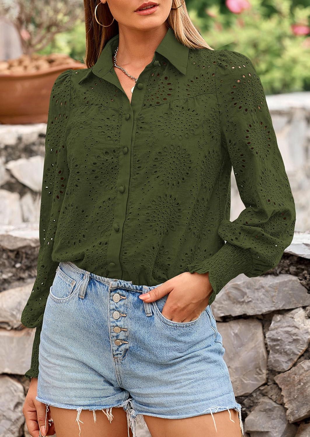 imagePRETTYGARDEN Womens Fall Button Down Shirts Dressy Casual Spring Long Puff Sleeve Eyelet Loose Fit Collared Blouse TopArmy Green