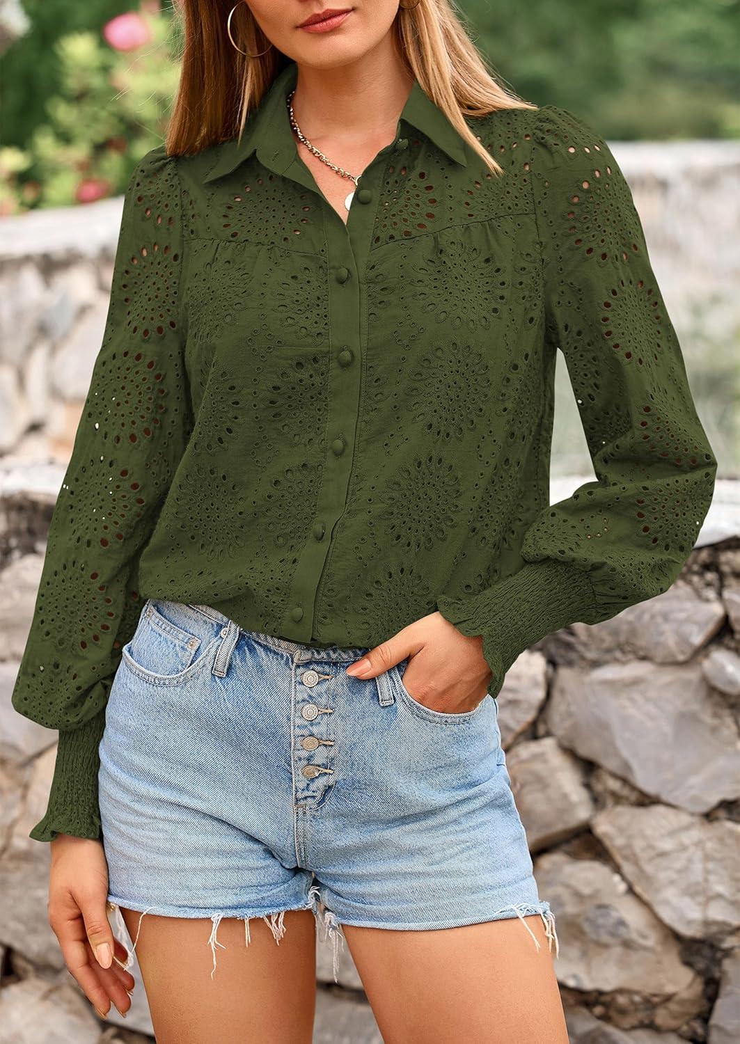 imagePRETTYGARDEN Womens Fall Button Down Shirts Dressy Casual Spring Long Puff Sleeve Eyelet Loose Fit Collared Blouse TopArmy Green