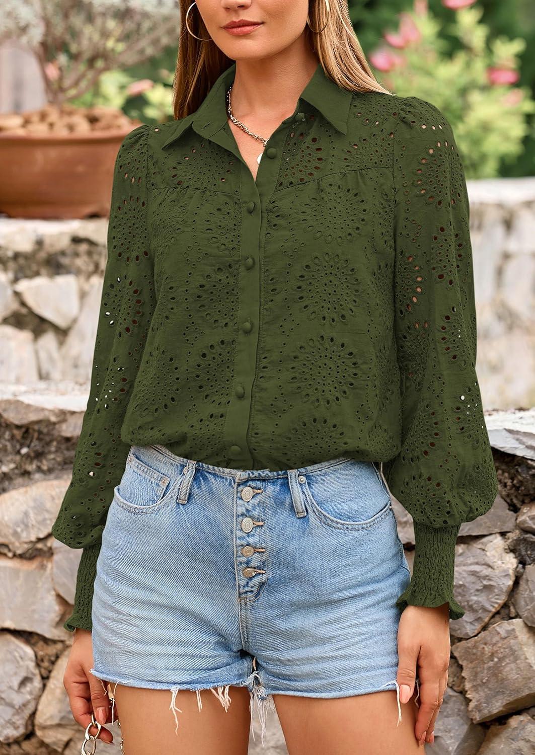 imagePRETTYGARDEN Womens Fall Button Down Shirts Dressy Casual Spring Long Puff Sleeve Eyelet Loose Fit Collared Blouse TopArmy Green