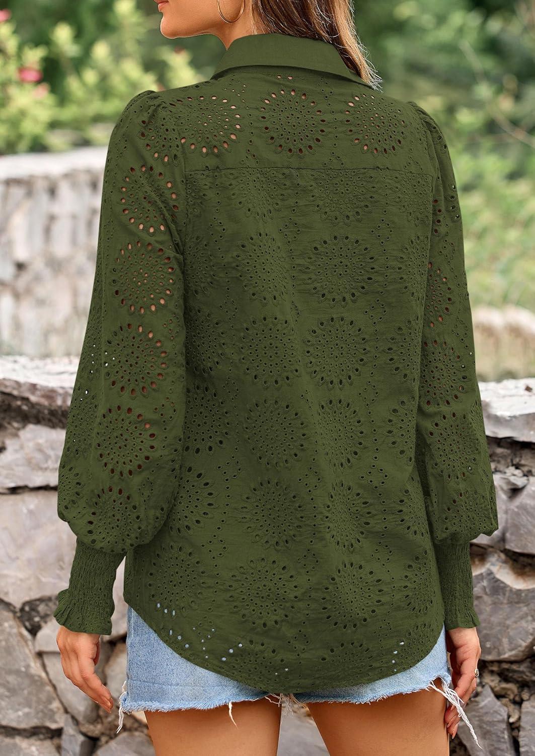 imagePRETTYGARDEN Womens Fall Button Down Shirts Dressy Casual Spring Long Puff Sleeve Eyelet Loose Fit Collared Blouse TopArmy Green