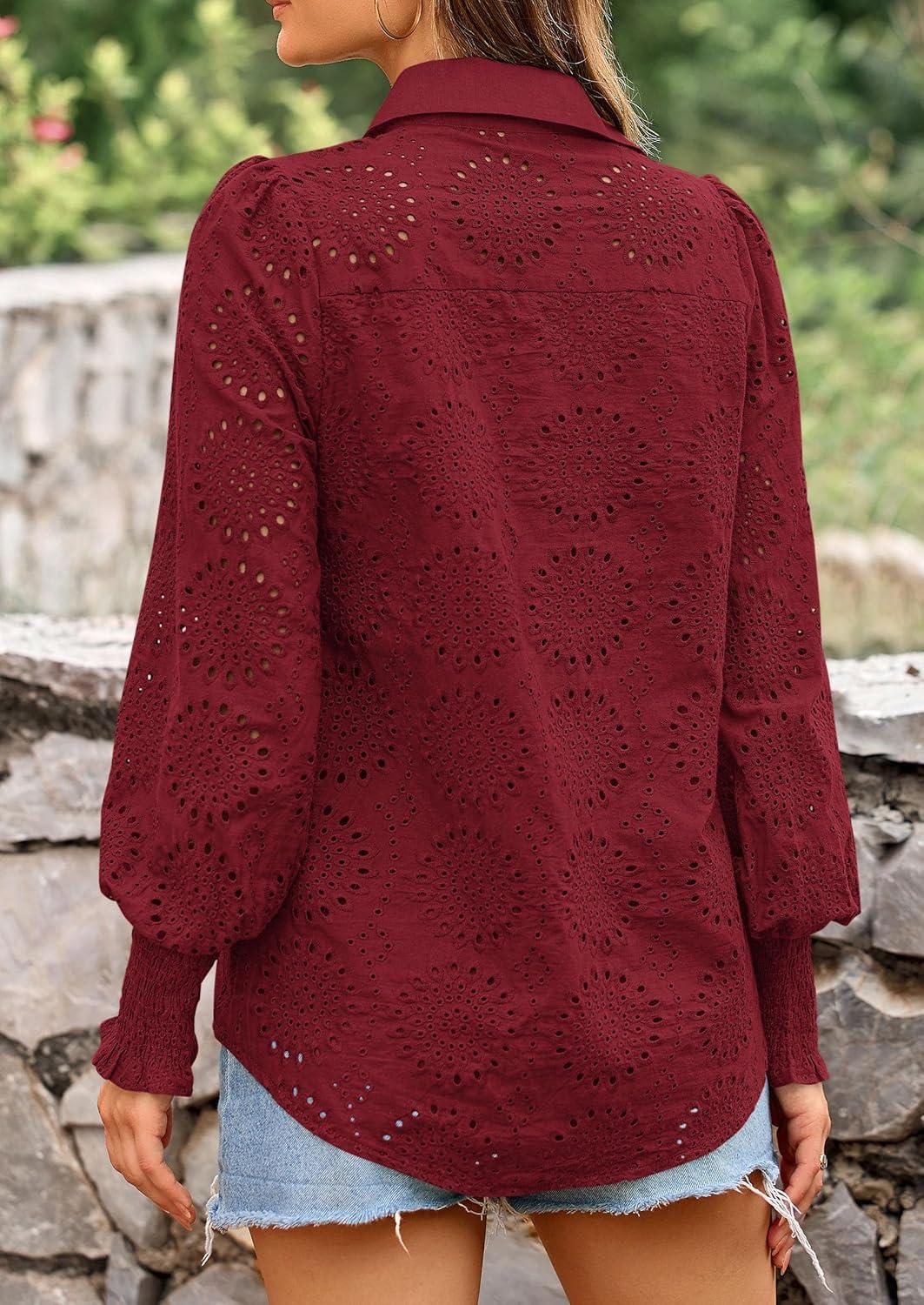 imagePRETTYGARDEN Womens Fall Button Down Shirts Dressy Casual Spring Long Puff Sleeve Eyelet Loose Fit Collared Blouse TopWine Red