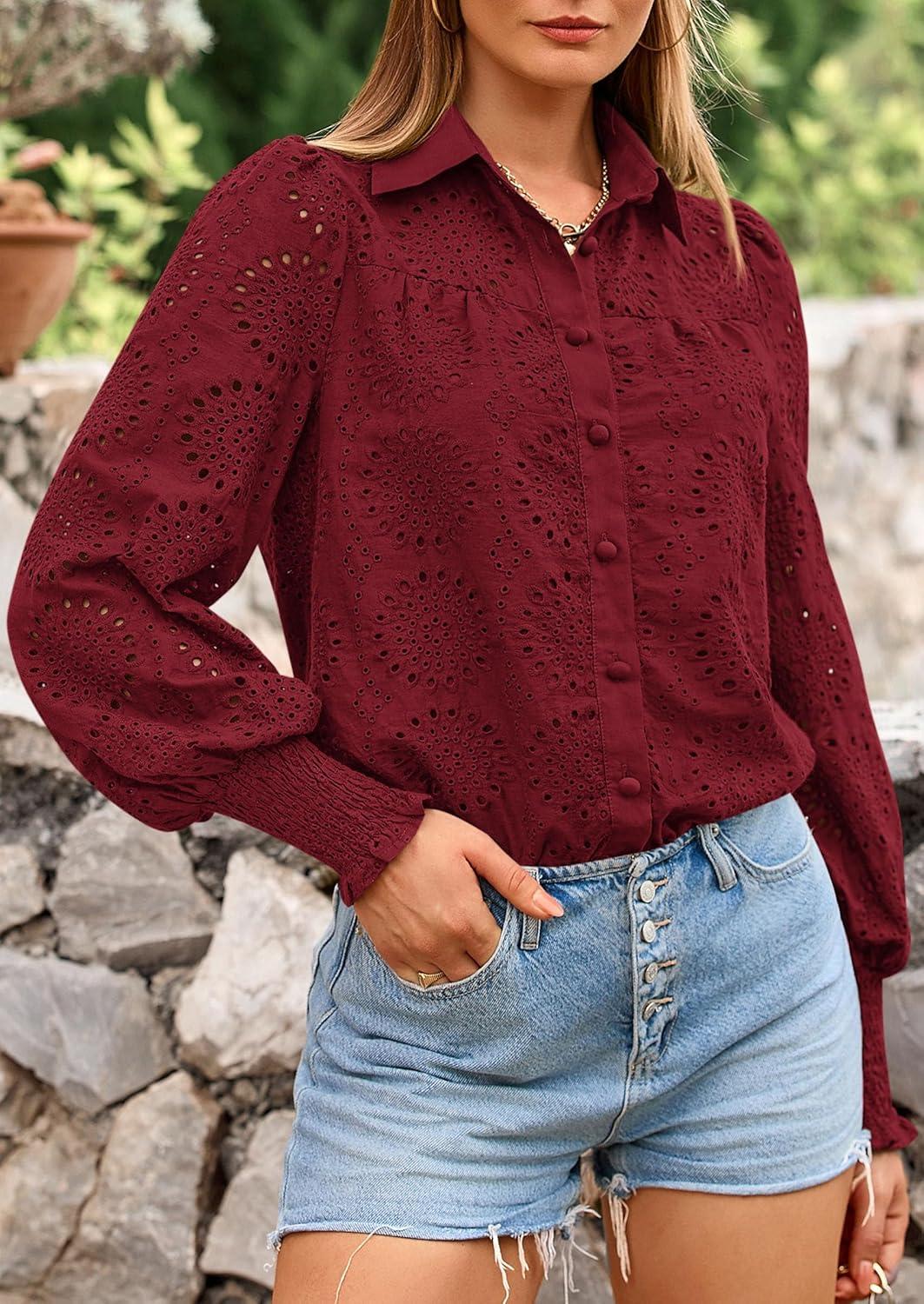 imagePRETTYGARDEN Womens Fall Button Down Shirts Dressy Casual Spring Long Puff Sleeve Eyelet Loose Fit Collared Blouse TopWine Red