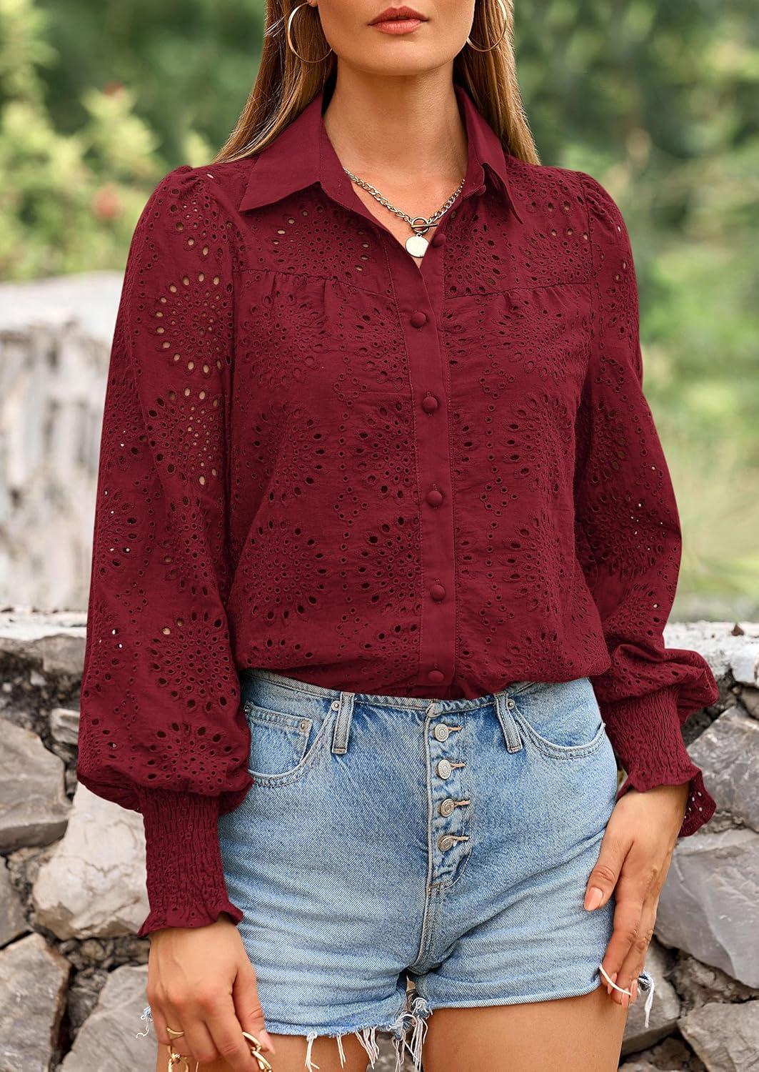 imagePRETTYGARDEN Womens Fall Button Down Shirts Dressy Casual Spring Long Puff Sleeve Eyelet Loose Fit Collared Blouse TopWine Red