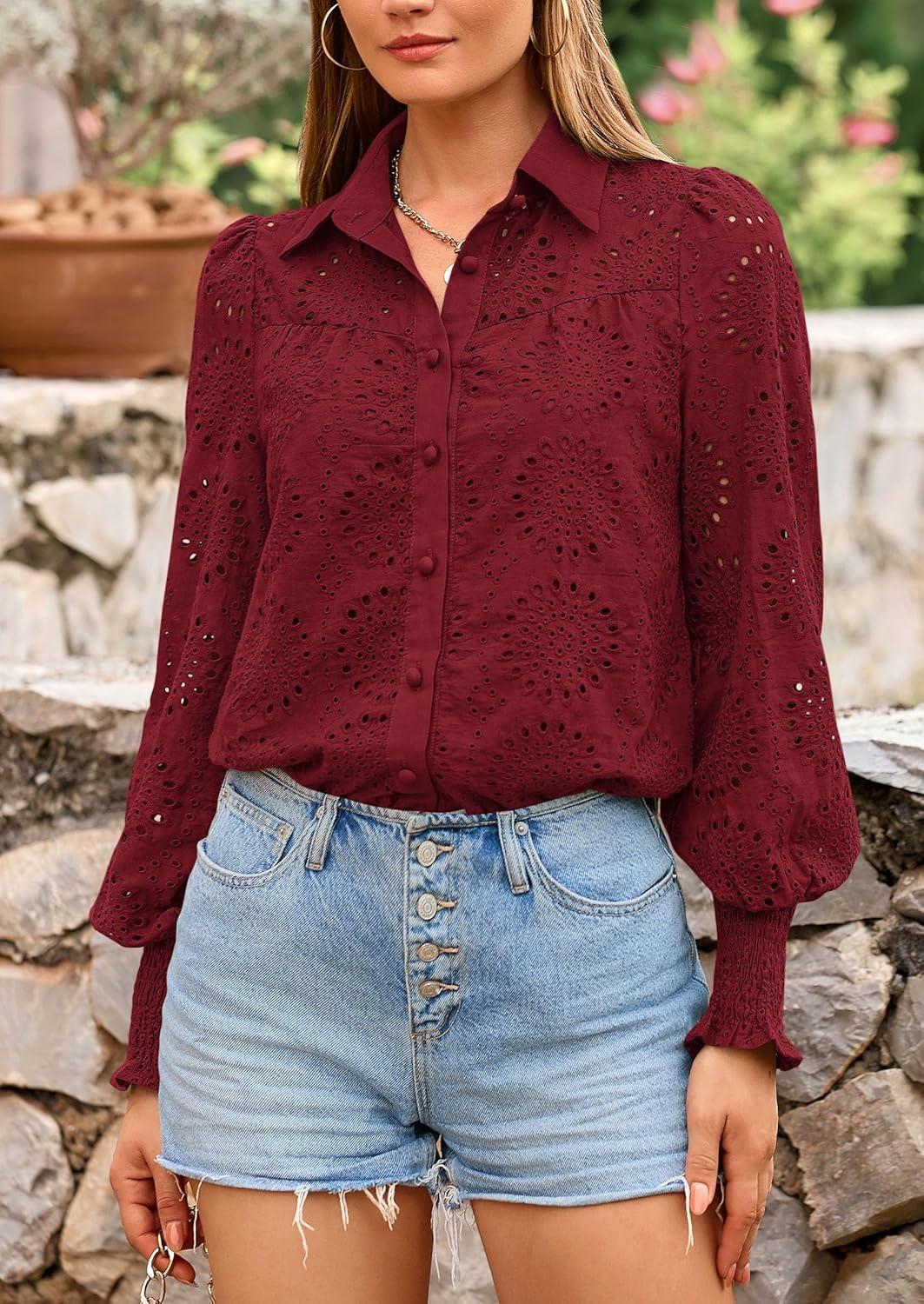 imagePRETTYGARDEN Womens Fall Button Down Shirts Dressy Casual Spring Long Puff Sleeve Eyelet Loose Fit Collared Blouse TopWine Red