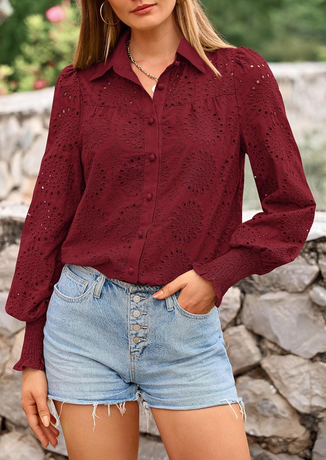 imagePRETTYGARDEN Womens Fall Button Down Shirts Dressy Casual Spring Long Puff Sleeve Eyelet Loose Fit Collared Blouse TopWine Red