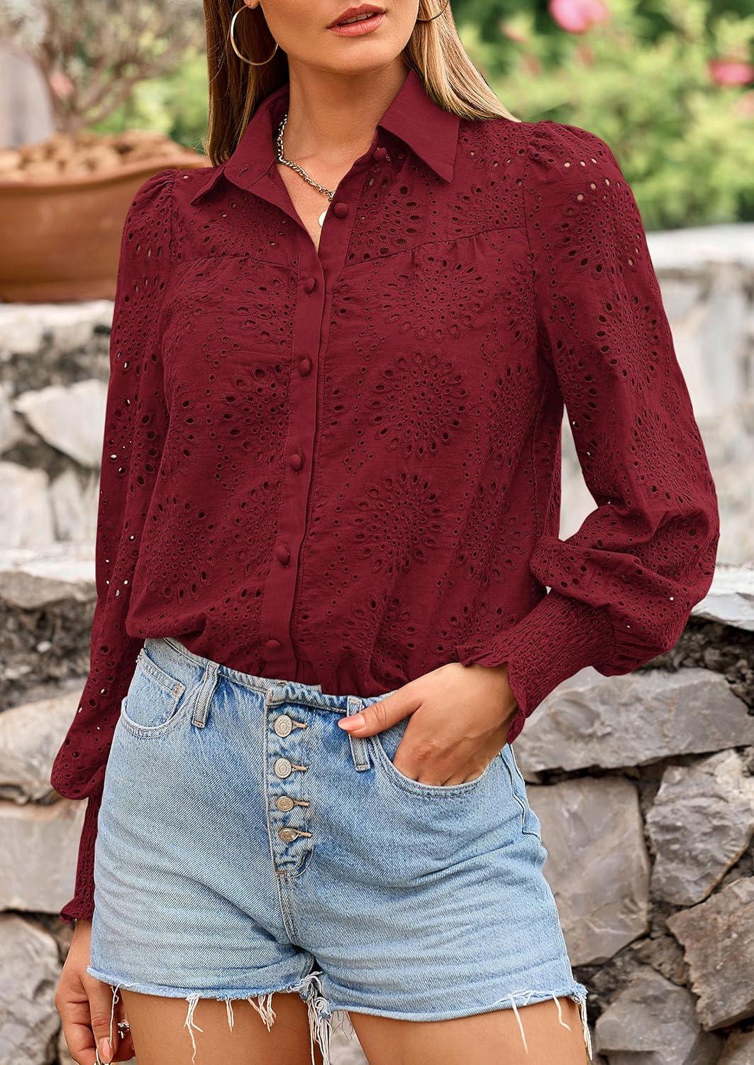 imagePRETTYGARDEN Womens Fall Button Down Shirts Dressy Casual Spring Long Puff Sleeve Eyelet Loose Fit Collared Blouse TopWine Red