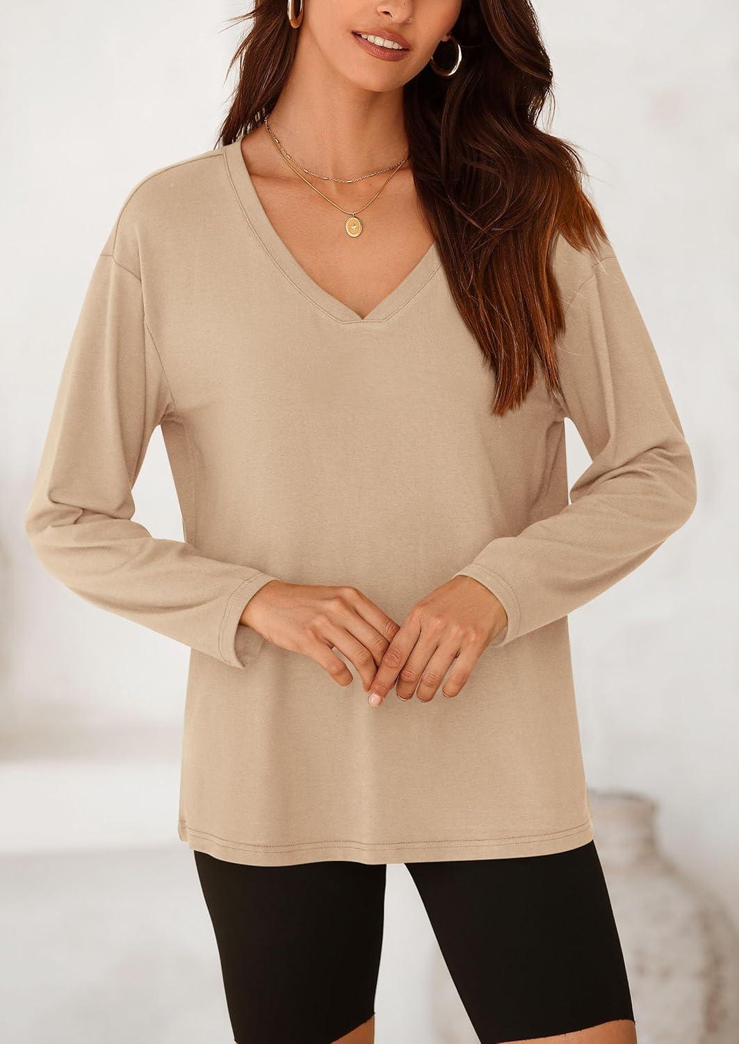 imagePRETTYGARDEN Womens Fall Fashion 2024 T Shirts Casual Long Sleeve V Neck Tunic Tops Loose Basic Tees ApricotMedium