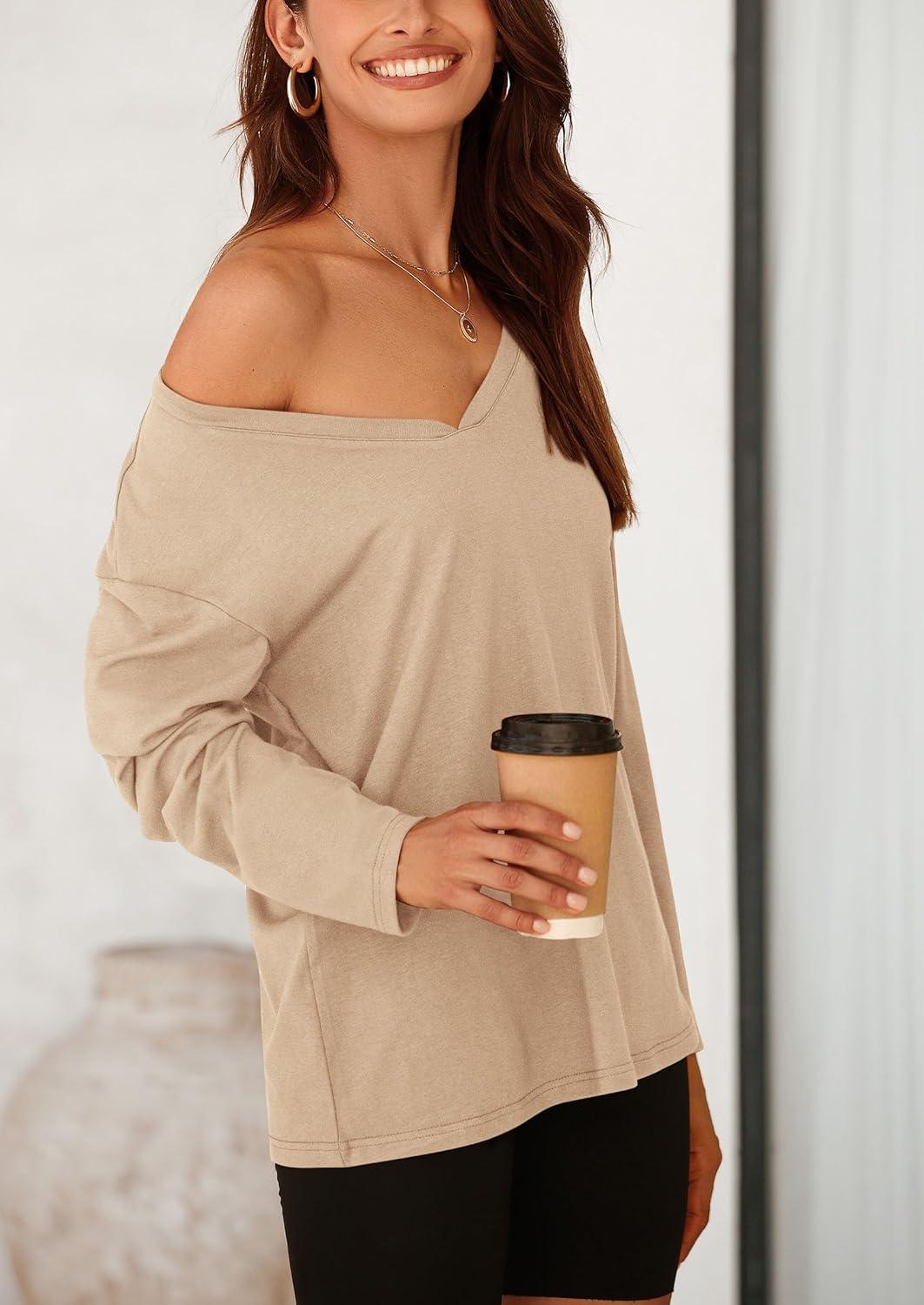 imagePRETTYGARDEN Womens Fall Fashion 2024 T Shirts Casual Long Sleeve V Neck Tunic Tops Loose Basic Tees ApricotMedium