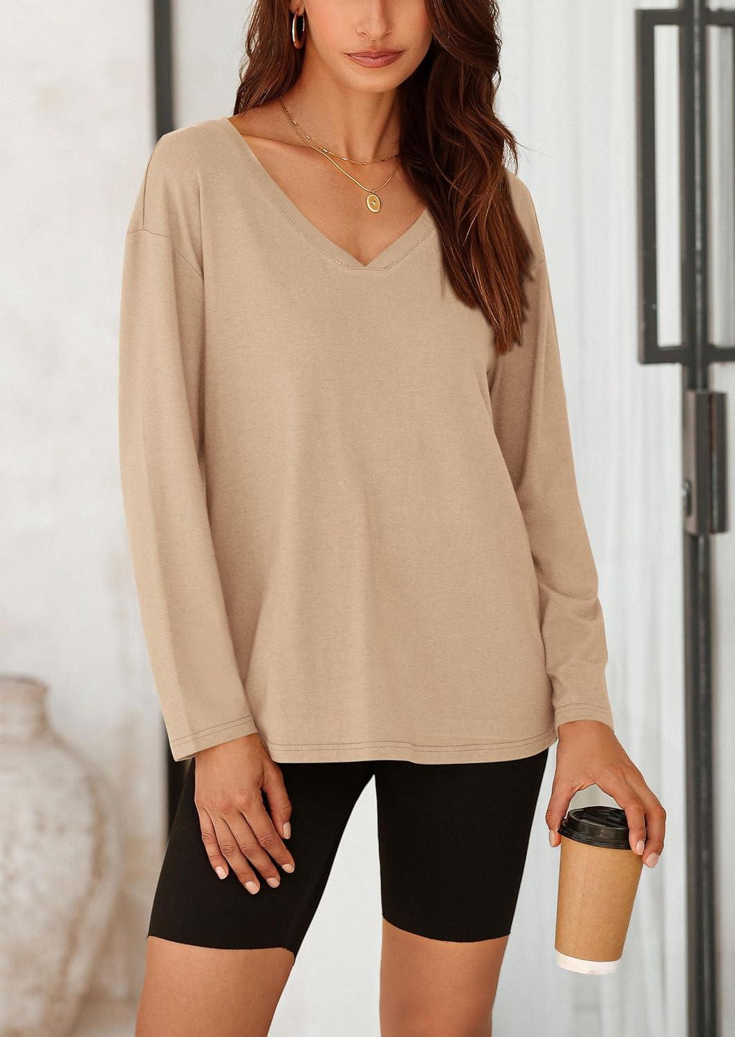 imagePRETTYGARDEN Womens Fall Fashion 2024 T Shirts Casual Long Sleeve V Neck Tunic Tops Loose Basic Tees ApricotMedium