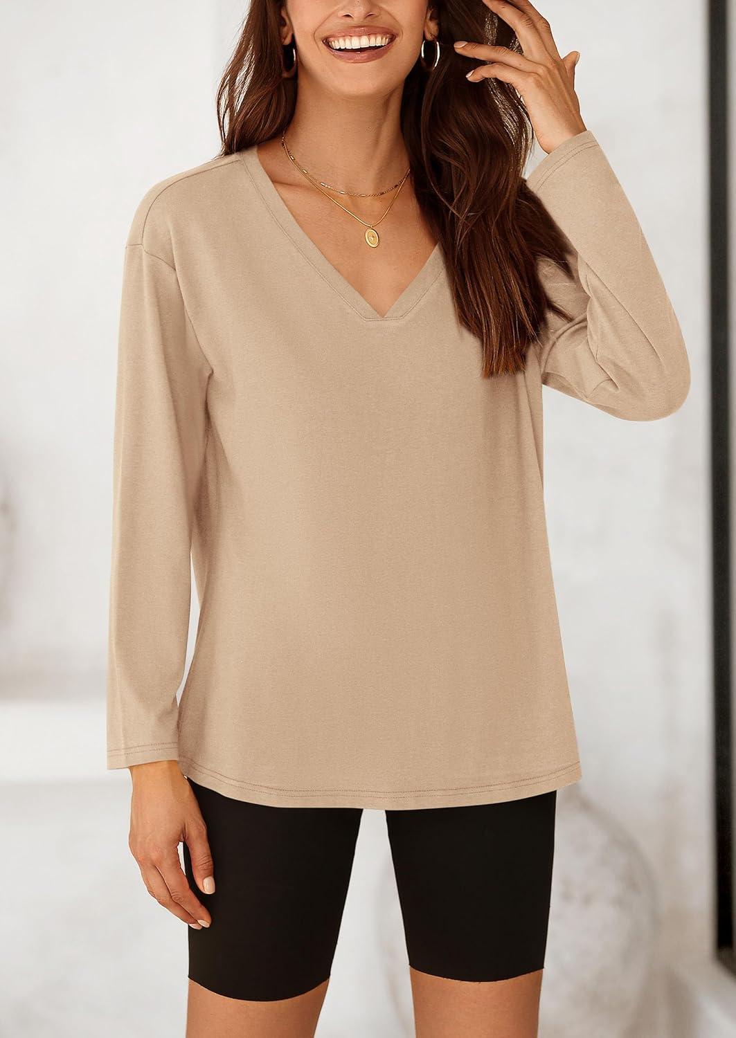 imagePRETTYGARDEN Womens Fall Fashion 2024 T Shirts Casual Long Sleeve V Neck Tunic Tops Loose Basic Tees ApricotMedium