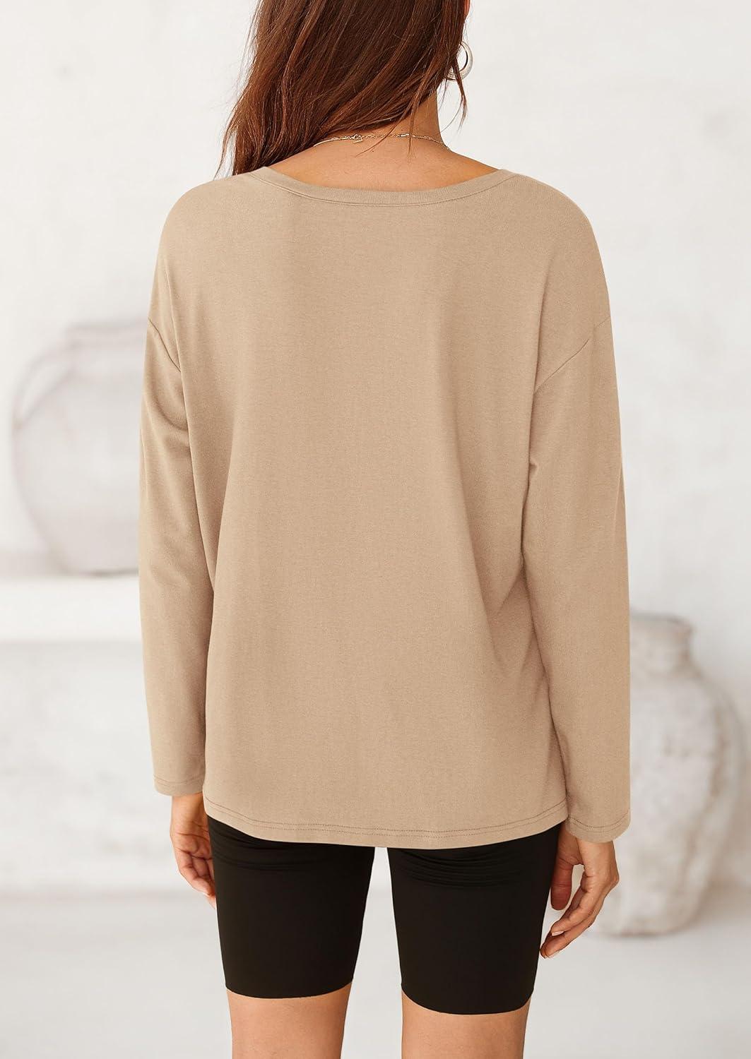 imagePRETTYGARDEN Womens Fall Fashion 2024 T Shirts Casual Long Sleeve V Neck Tunic Tops Loose Basic Tees ApricotMedium
