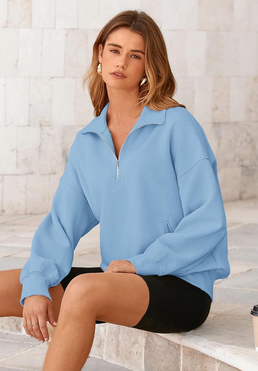 imagePRETTYGARDEN Womens Fall Fashion Half Zip Sweatshirts Long Sleeve Collared Cropped Pullover Tops Trendy Y2K Clothes BlueMedium