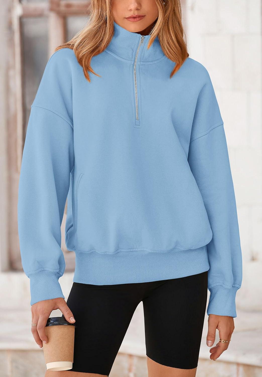 imagePRETTYGARDEN Womens Fall Fashion Half Zip Sweatshirts Long Sleeve Collared Cropped Pullover Tops Trendy Y2K Clothes BlueMedium