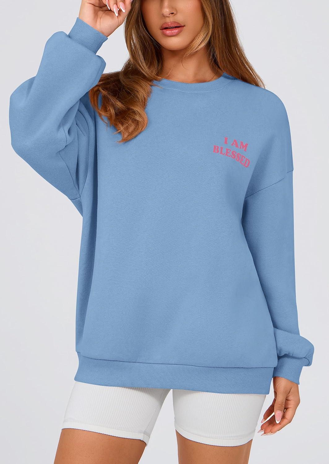 imagePRETTYGARDEN Womens Fall Fashion Oversized Sweatshirts Casual Crewneck Long Sleeve Graphic Pullover Tops ShirtBlue