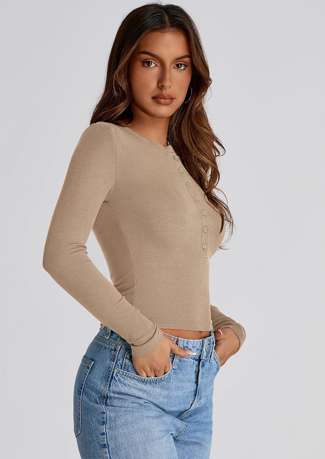 imagePRETTYGARDEN Womens Fall Henley Crop Tops Ribbed Long Sleeve V Neck Button Up Slim Fitted Basic Casual T Shirts Tee Blouse KhakiMedium