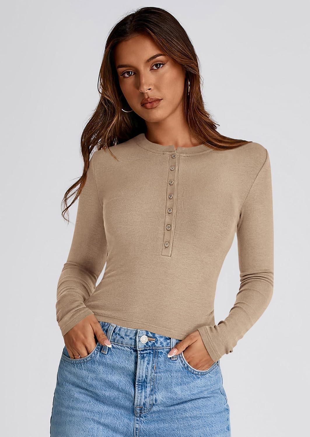 imagePRETTYGARDEN Womens Fall Henley Crop Tops Ribbed Long Sleeve V Neck Button Up Slim Fitted Basic Casual T Shirts Tee Blouse KhakiMedium