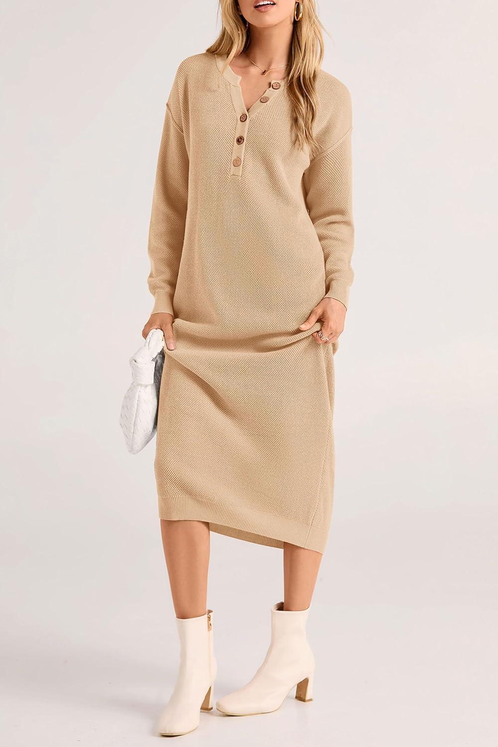 imagePRETTYGARDEN Womens Fall Knit Sweater Dress Long Sleeve Button V Neck Loose Casual Maxi Dresses
