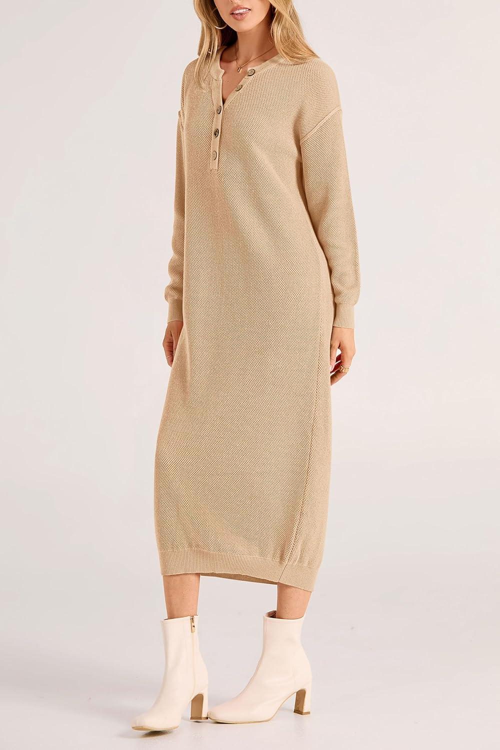 imagePRETTYGARDEN Womens Fall Knit Sweater Dress Long Sleeve Button V Neck Loose Casual Maxi Dresses