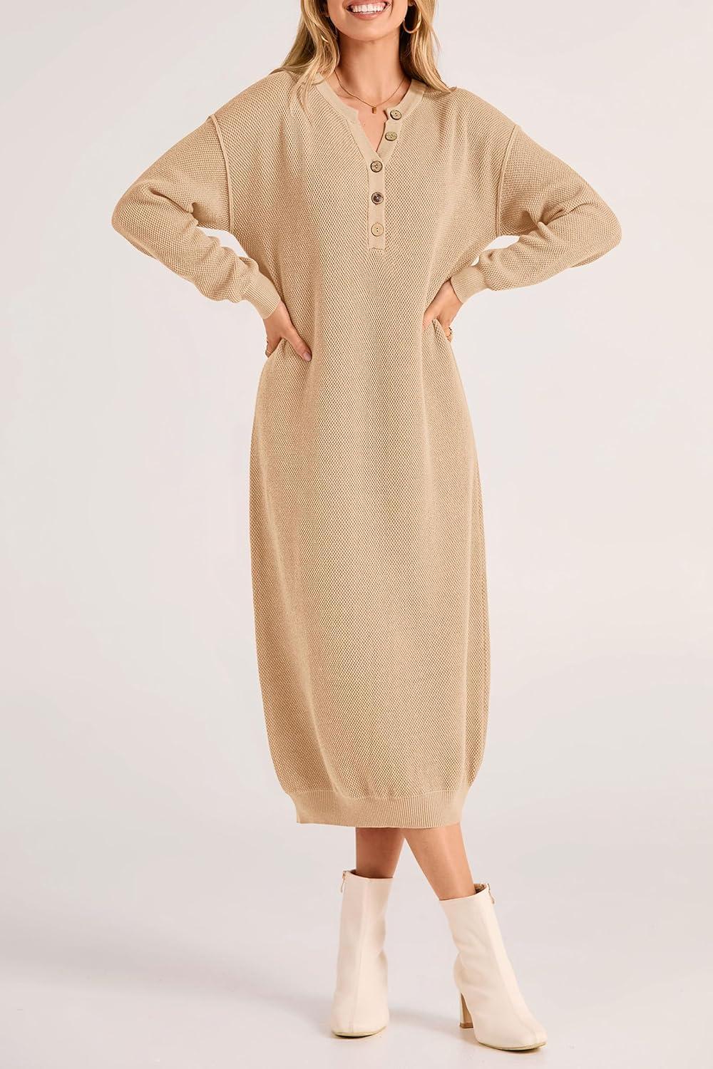 imagePRETTYGARDEN Womens Fall Knit Sweater Dress Long Sleeve Button V Neck Loose Casual Maxi Dresses