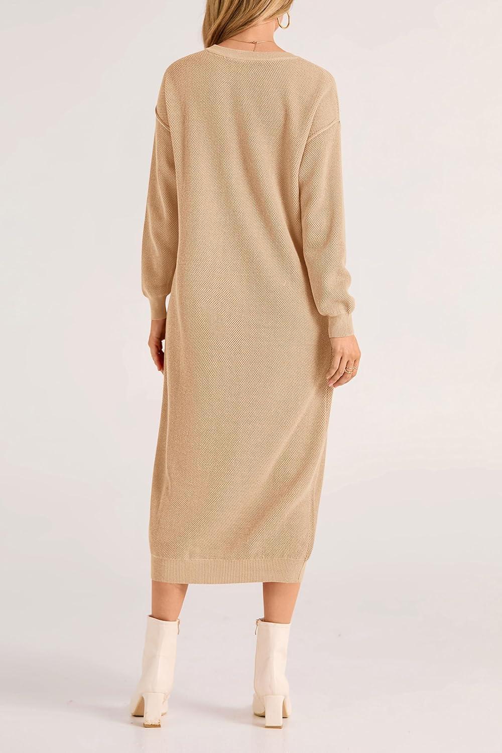 imagePRETTYGARDEN Womens Fall Knit Sweater Dress Long Sleeve Button V Neck Loose Casual Maxi Dresses