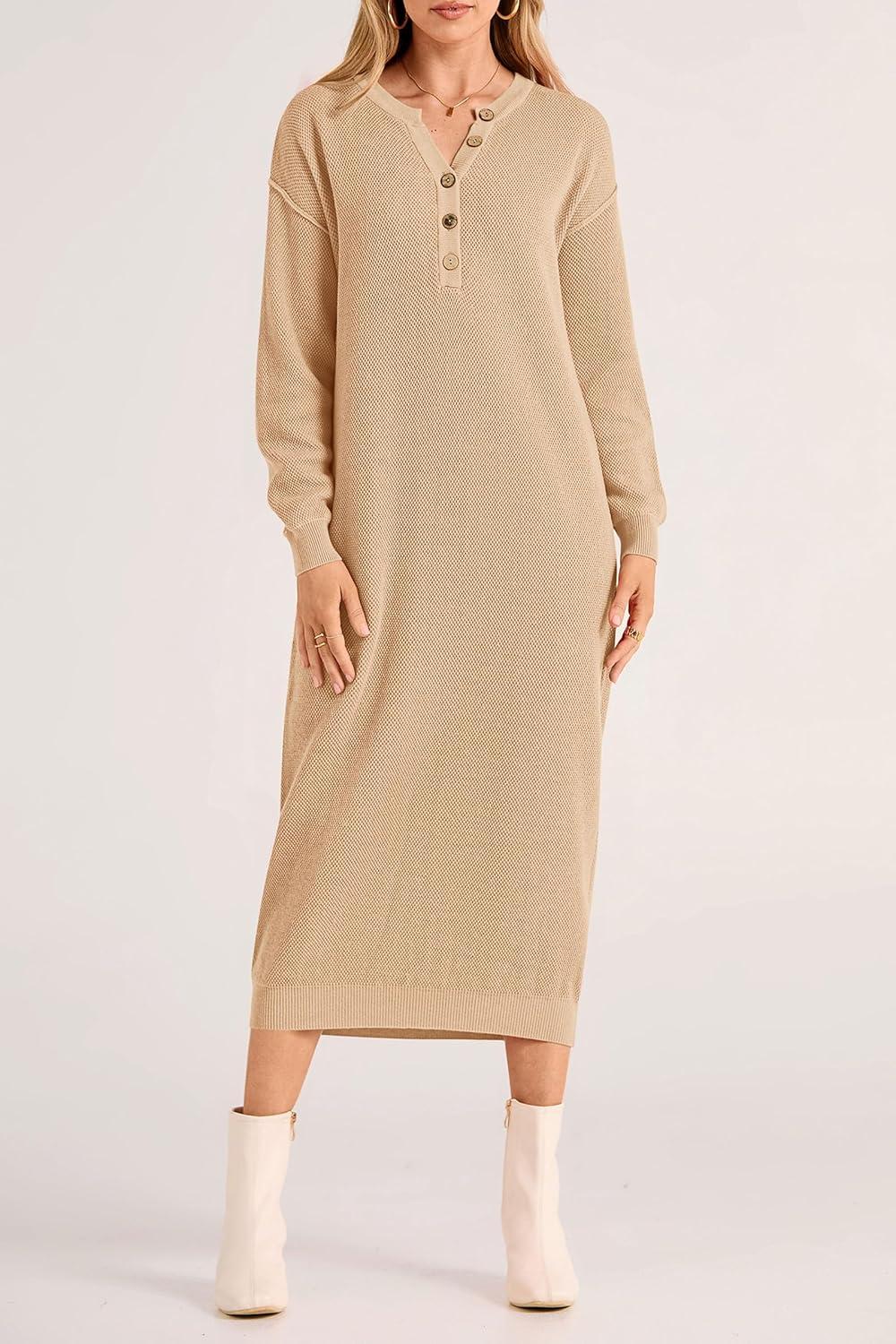 imagePRETTYGARDEN Womens Fall Knit Sweater Dress Long Sleeve Button V Neck Loose Casual Maxi Dresses