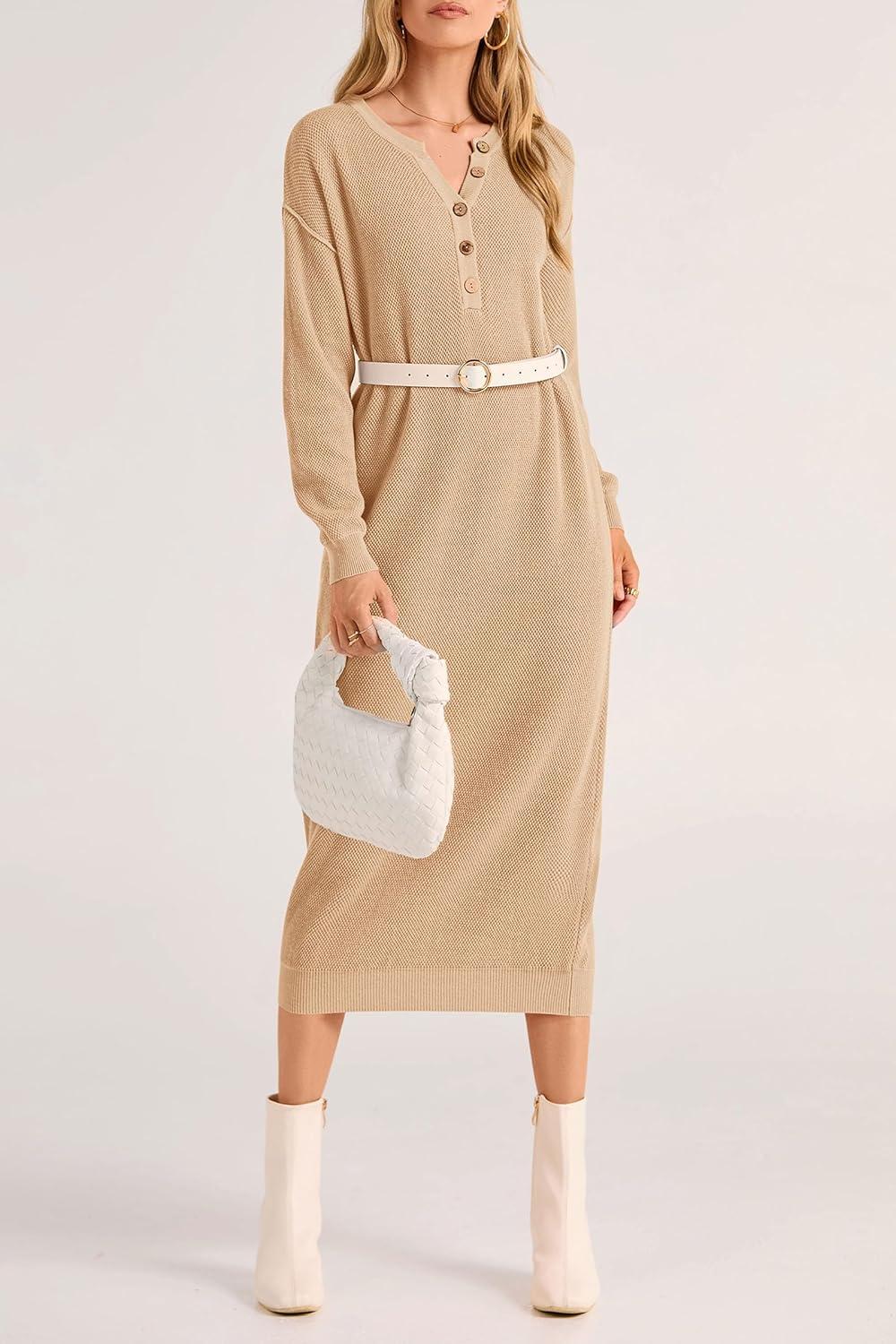 imagePRETTYGARDEN Womens Fall Knit Sweater Dress Long Sleeve Button V Neck Loose Casual Maxi Dresses