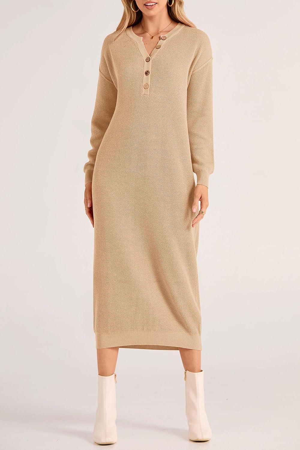 imagePRETTYGARDEN Womens Fall Knit Sweater Dress Long Sleeve Button V Neck Loose Casual Maxi Dresses