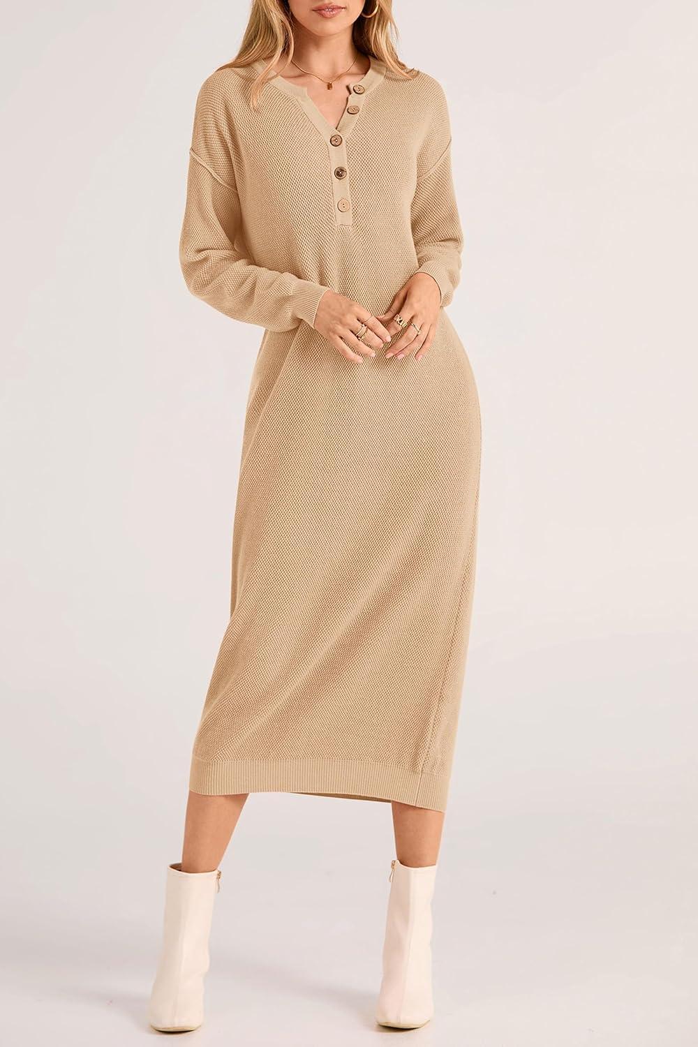 imagePRETTYGARDEN Womens Fall Knit Sweater Dress Long Sleeve Button V Neck Loose Casual Maxi Dresses