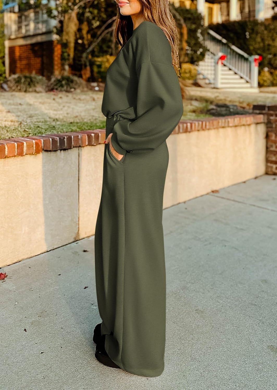 imagePRETTYGARDEN Womens Fall One Piece Jumpsuits Dressy Casual Long Sleeve Elastic Waist Pockets Wide Leg Long Pants Rompers Army GreenMedium