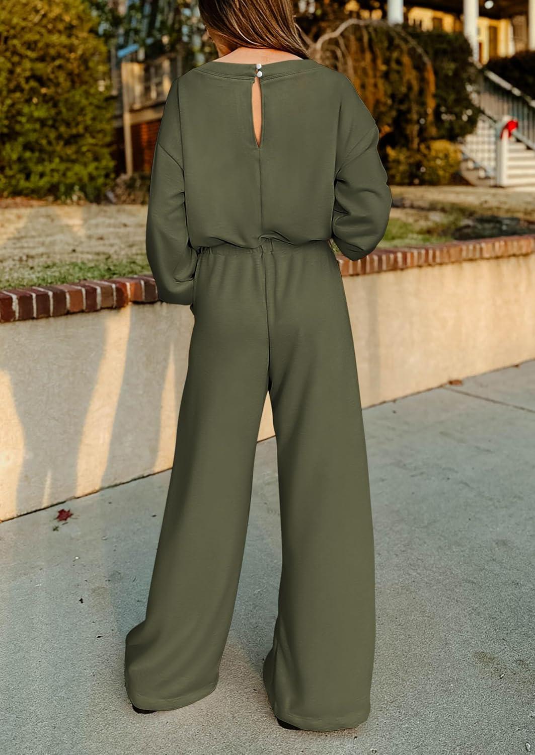 imagePRETTYGARDEN Womens Fall One Piece Jumpsuits Dressy Casual Long Sleeve Elastic Waist Pockets Wide Leg Long Pants Rompers Army GreenMedium