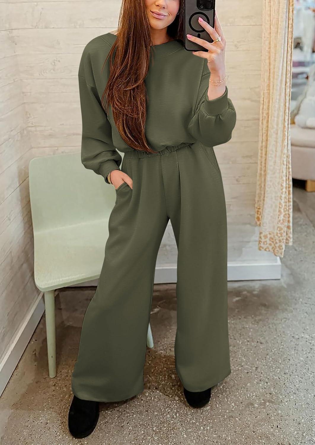 imagePRETTYGARDEN Womens Fall One Piece Jumpsuits Dressy Casual Long Sleeve Elastic Waist Pockets Wide Leg Long Pants Rompers Army GreenMedium