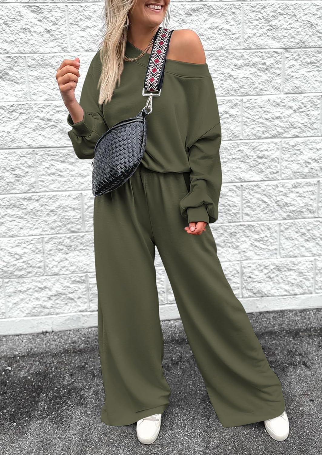 imagePRETTYGARDEN Womens Fall One Piece Jumpsuits Dressy Casual Long Sleeve Elastic Waist Pockets Wide Leg Long Pants Rompers Army GreenMedium