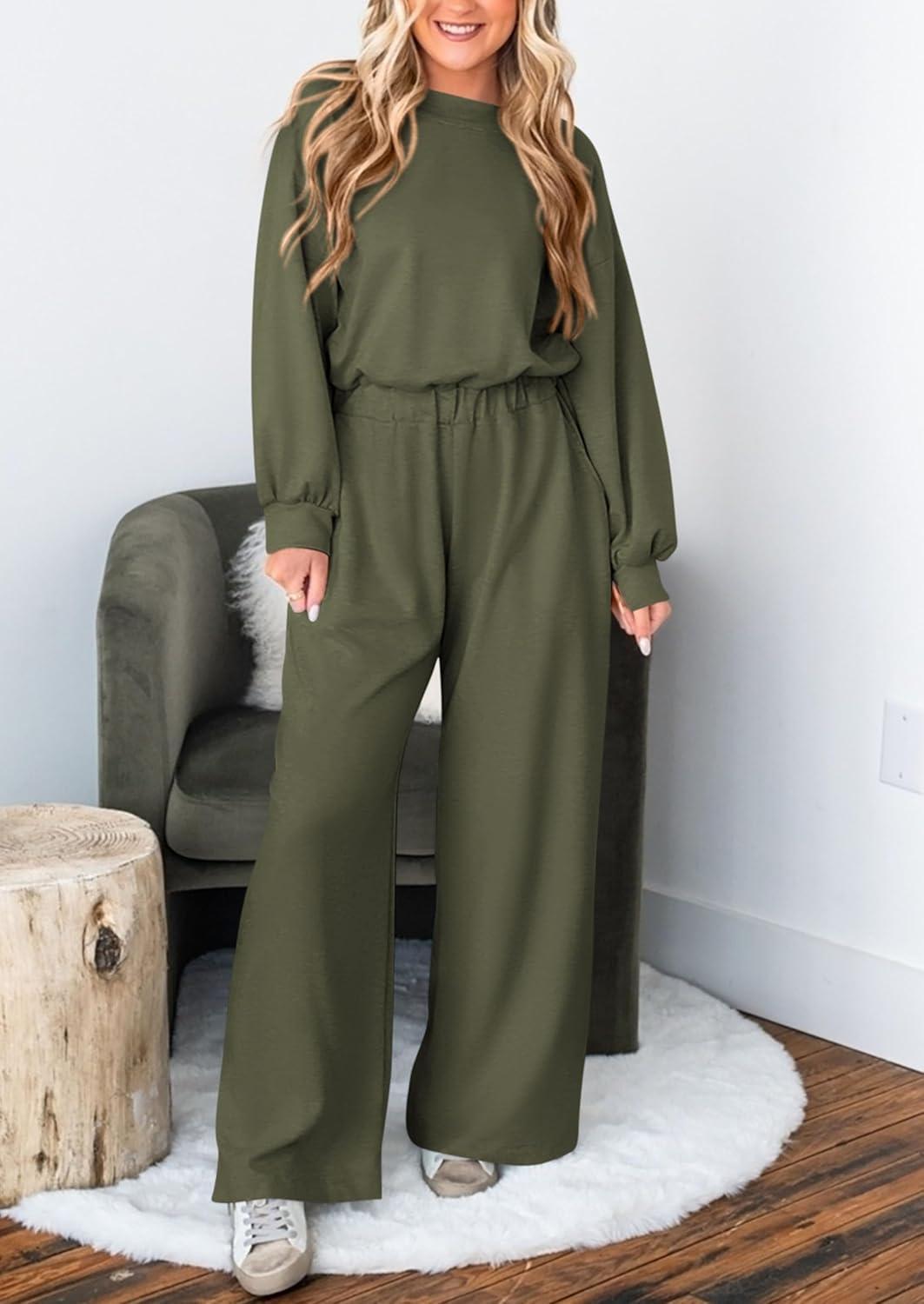 imagePRETTYGARDEN Womens Fall One Piece Jumpsuits Dressy Casual Long Sleeve Elastic Waist Pockets Wide Leg Long Pants Rompers Army GreenMedium