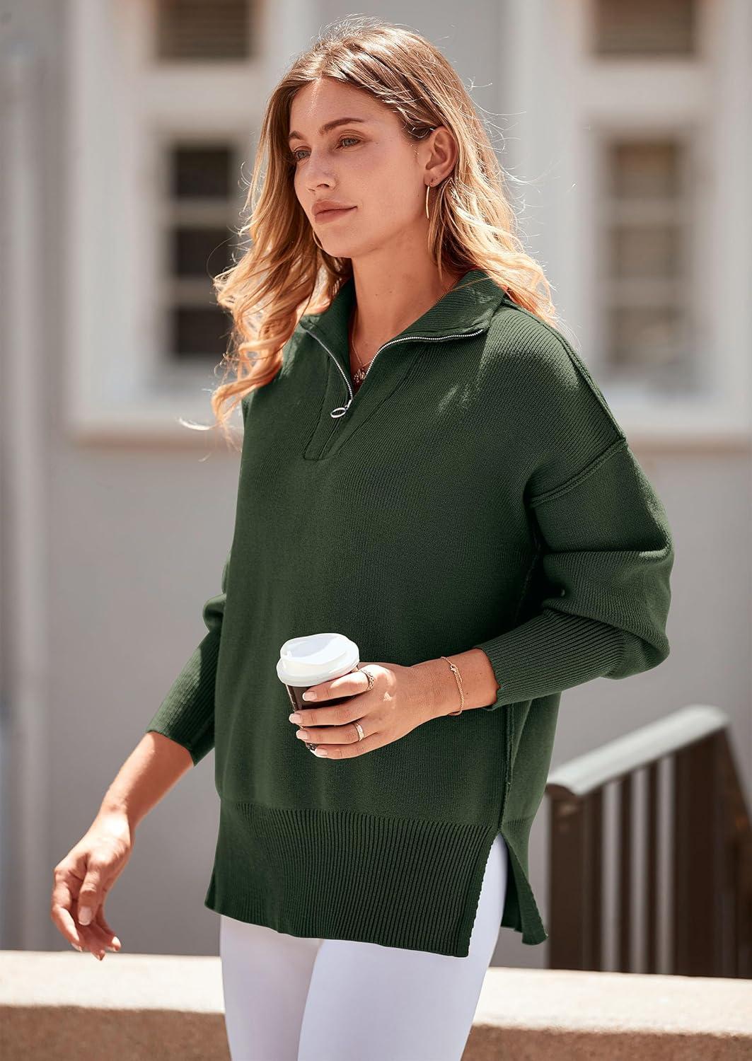 imagePRETTYGARDEN Womens Fall Oversized Sweaters Long Sleeve Casual 14 Zip Up Sweatshirts Pullover Tops BlouseArmy Green