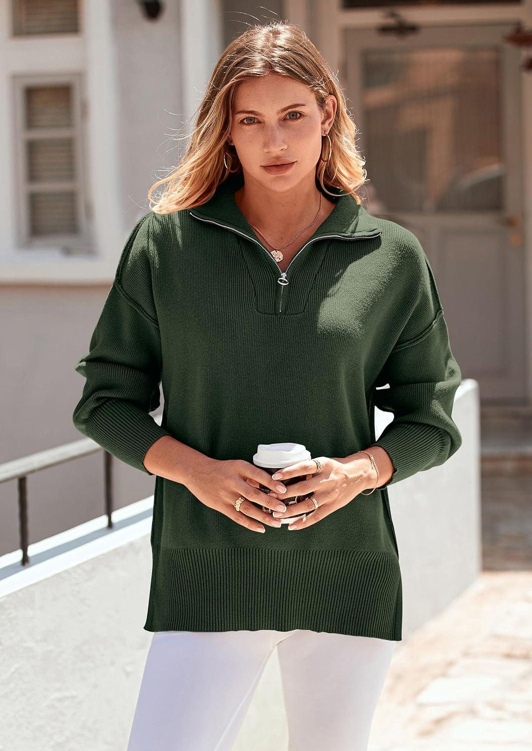 imagePRETTYGARDEN Womens Fall Oversized Sweaters Long Sleeve Casual 14 Zip Up Sweatshirts Pullover Tops BlouseArmy Green