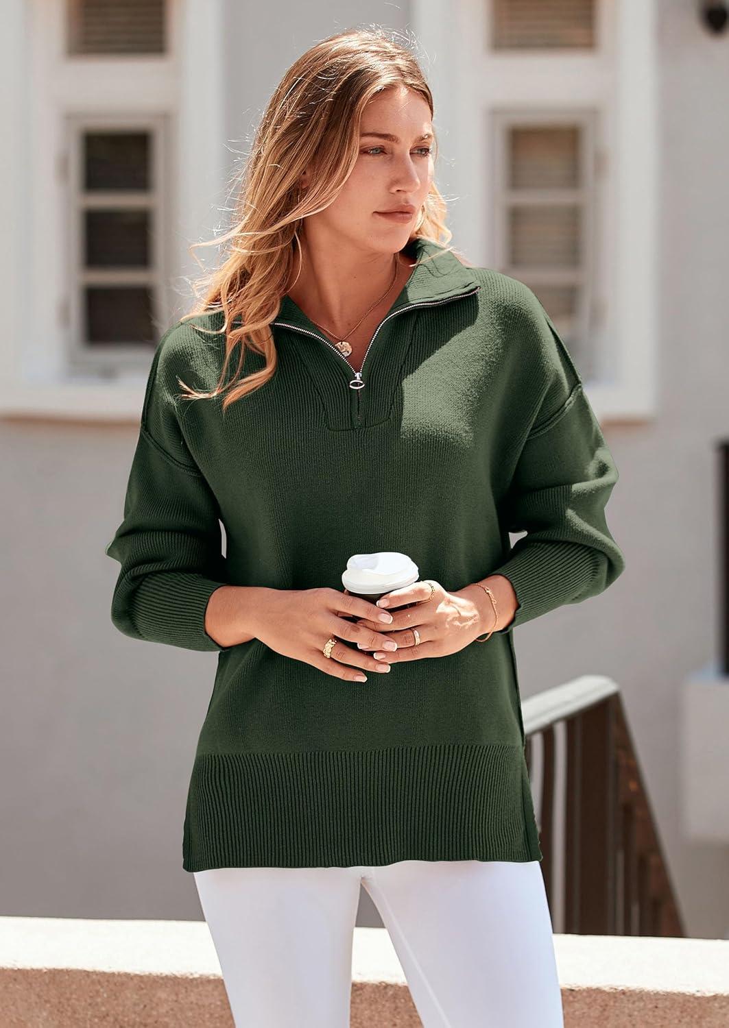 imagePRETTYGARDEN Womens Fall Oversized Sweaters Long Sleeve Casual 14 Zip Up Sweatshirts Pullover Tops BlouseArmy Green