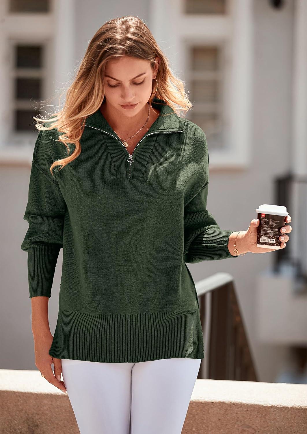 imagePRETTYGARDEN Womens Fall Oversized Sweaters Long Sleeve Casual 14 Zip Up Sweatshirts Pullover Tops BlouseArmy Green
