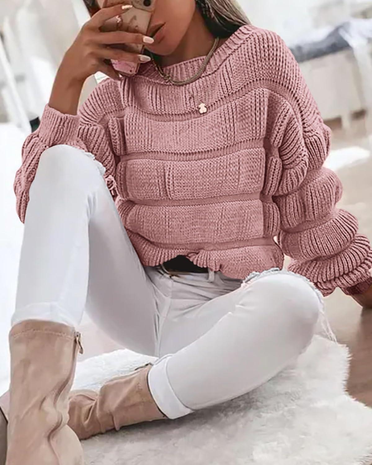 imagePRETTYGARDEN Womens Fall Sweaters Casual Crew Neck Pullover Long Puff Sleeve Loose Plain Chunky Knit Cute Blouse Tops