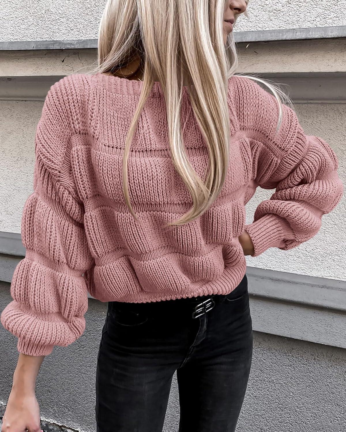 imagePRETTYGARDEN Womens Fall Sweaters Casual Crew Neck Pullover Long Puff Sleeve Loose Plain Chunky Knit Cute Blouse Tops