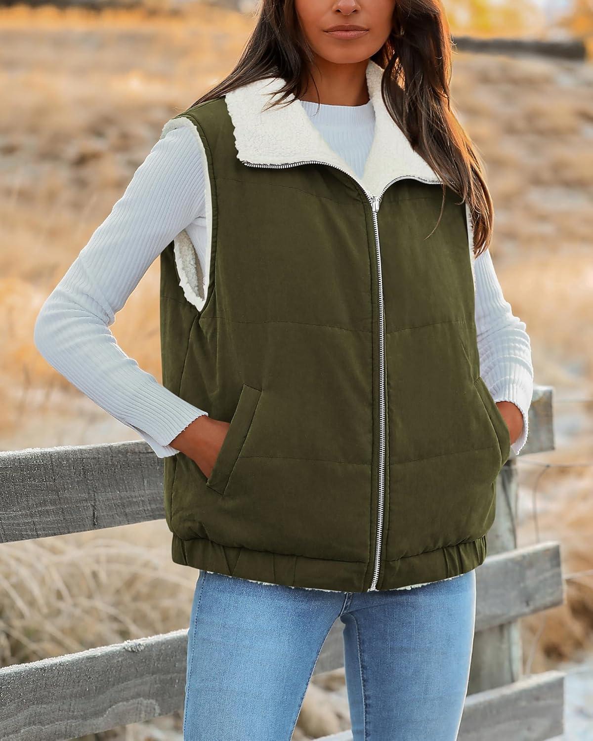 imagePRETTYGARDEN Womens Fleece Vest Jacket 2024 Fall Sleeveless Sherpa Puffer Outfits Zip Up Winter Coat Outerwear Army GreenMedium